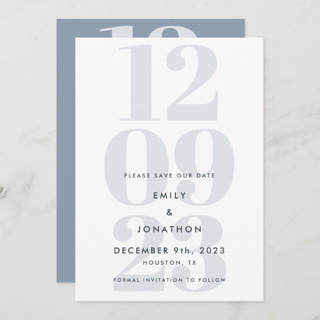 Modern Dusty Blue Date Typography Spara Datumet (Fram/baksida)