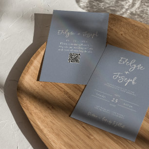 Modern Dusty Blue Elegant Boho QR Code Bröllop Inbjudningar