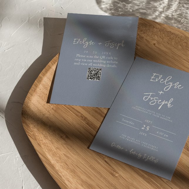 Modern Dusty Blue Elegant Boho QR Code Bröllop Inbjudningar (Skapare uppladdad)