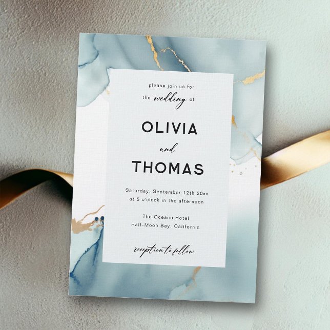 Modern Dusty Blue Elegant Ram Beach Wedding Inbjudningar (dusty blue beach wedding invitation modern simple frame elegant bohemian romantic gold waves classy)