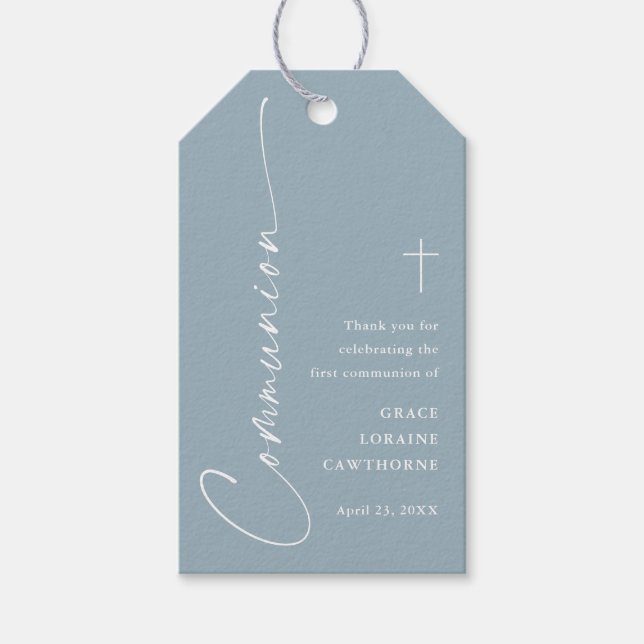 Modern Dusty Blue First Communion-Tack-förmån Presentetikett (Framsidan)