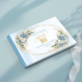 Modern Dusty Blue Floral Gold Sweet Sixteen Guest  Gästböcker
