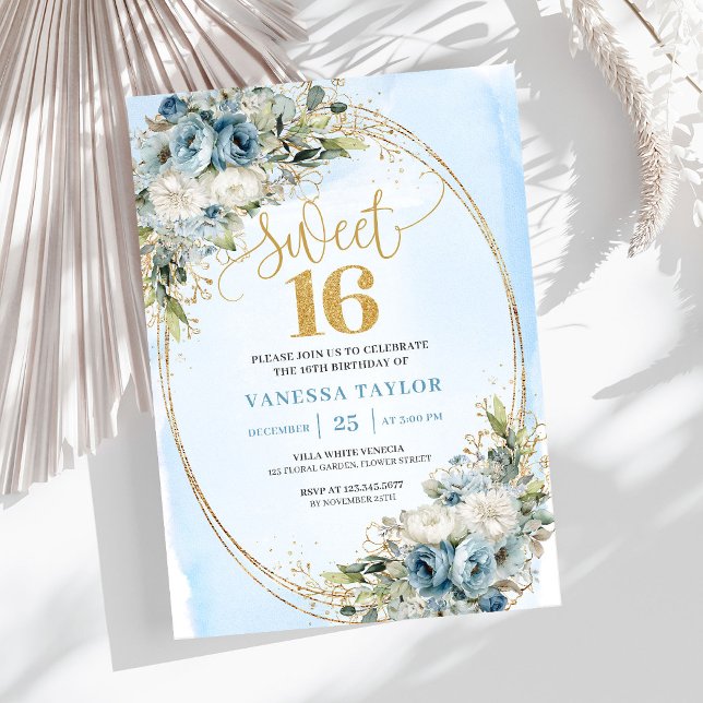 Modern Dusty Blue Floral Gold Sweet Sixteen Invite Inbjudningar (Modern Dusty Blue Floral Gold Sweet Sixteen Invitation)