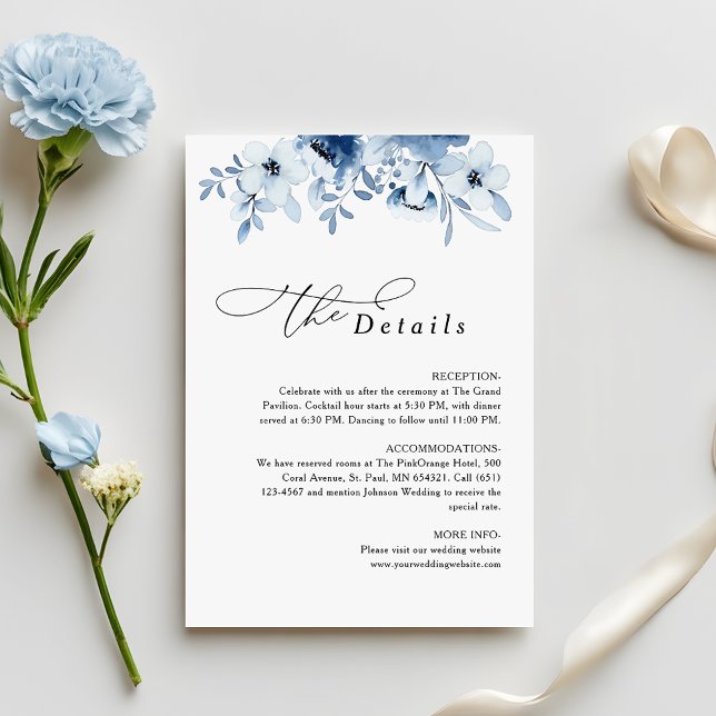 Modern Dusty Blue Floral Wedding Details Tilläggskort (Skapare uppladdad)