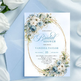 Modern Dusty Blue Flowers Gold Frame Bridal Shower Inbjudningar