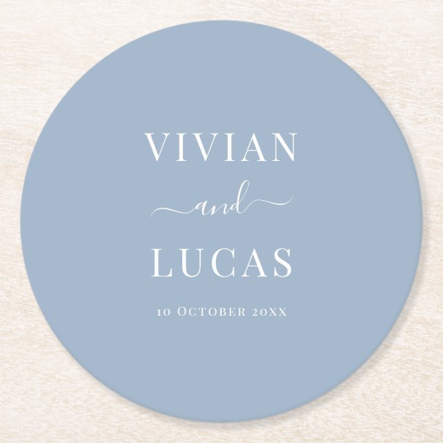 Modern Dusty Blue Formal Minimal Bröllop Underlägg Papper Rund (Framsidan)