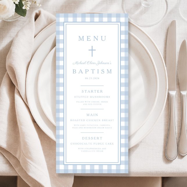 Modern Dusty Blue Gingham Boy Baptism Meny (Modern Dusty Blue Gingham Boy Baptism Menu)