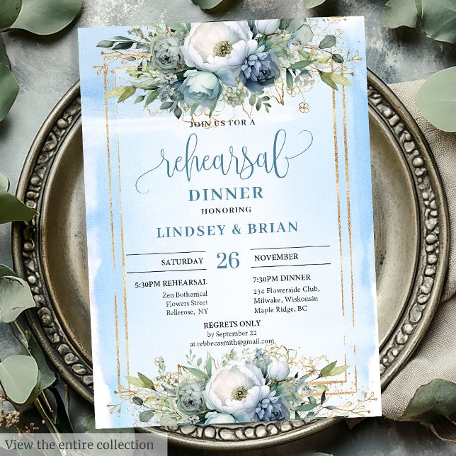 Modern Dusty Blue Guld Glitter Rehearsal Dinner Inbjudningar (Modern Dusty Blue Gold Glitter Rehearsal Dinner Card)