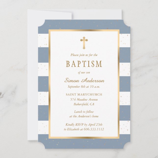 Modern Dusty Blue Guld Kor Stars Boy Baptism Inbjudningar (Framsida)