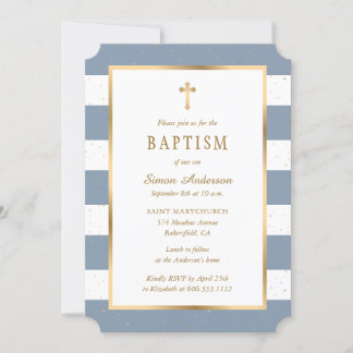 Modern Dusty Blue Guld Kor Stars Boy Baptism Inbjudningar