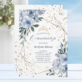 Modern Dusty Blue Guld Quinceañera Inbjudningar
