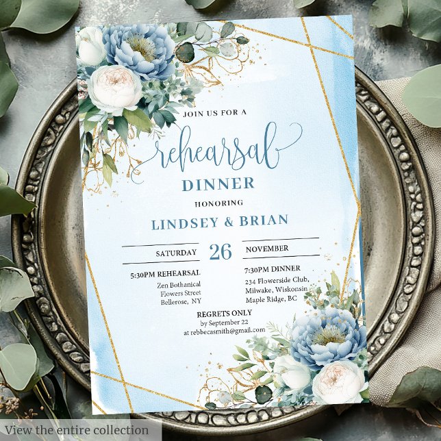 Modern Dusty Blue Guld Ram Rehearsal-inbjudan Inbjudningar (Modern Dusty Blue Gold Frame Rehearsal Invitation)