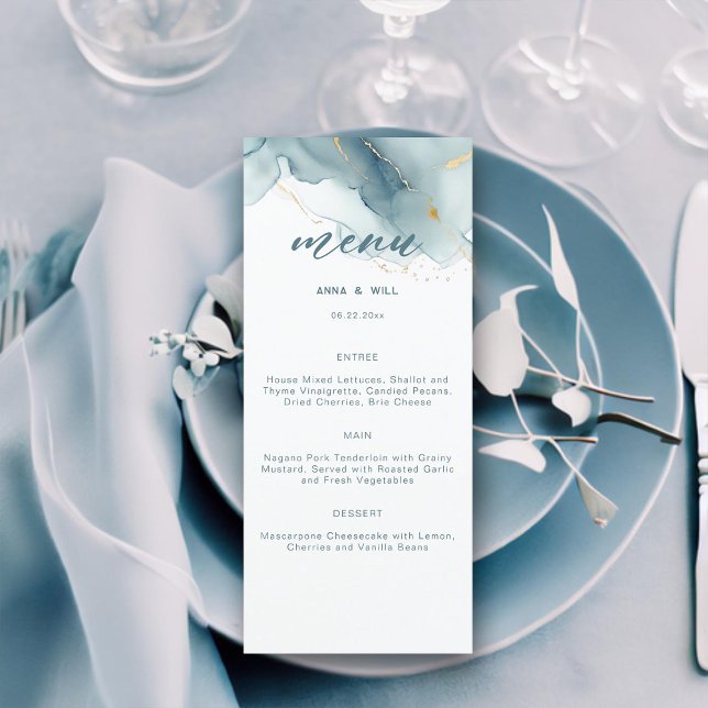 Modern Dusty Blue Guld Sommarbröllop Meny (dusty blue gold teal modern beach wedding menu romantic bohemian chic summer)