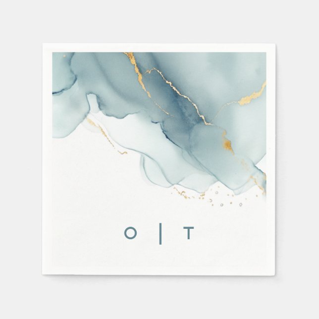 Modern Dusty Blue Guld Teal Monogram Beach Wedding Pappersservett (Framsidan)
