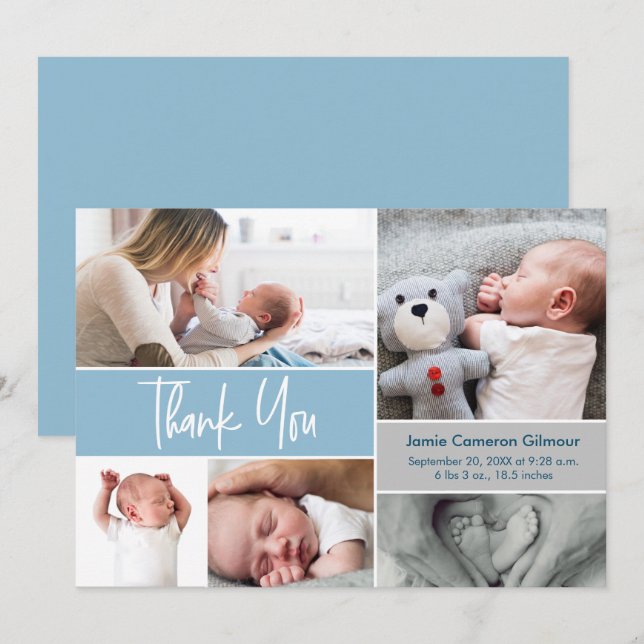 Modern Dusty Blue Handlettering Photos Baby Shower Tack Kort (Fram/baksida)