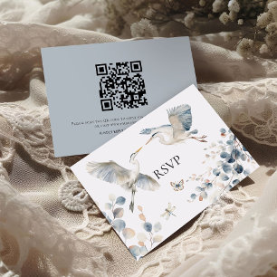 Modern Dusty Blue Herons QR Code Bröllop OSA Kort