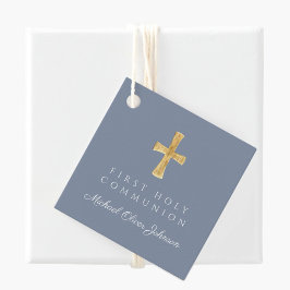 Modern Dusty Blue Kor Boy First Communion Gåvor Etiketter