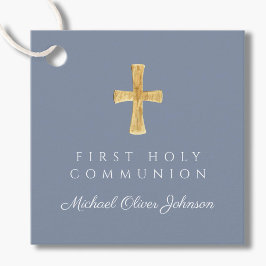 Modern Dusty Blue Kor Boy First Communion Gåvor Etiketter
