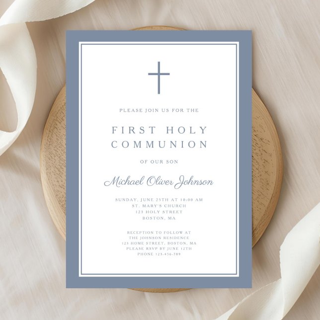 Modern Dusty Blue Kor Boy First Communion Inbjudningar (Modern Dusty Blue Cross Boy First Communion Invitation)