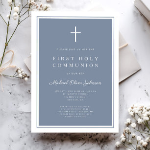 Modern Dusty Blue Kor Boy First Heliga Communion Inbjudningar