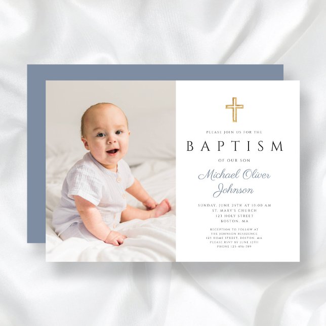 Modern Dusty Blue Kor Boy Photo Baptism Inbjudningar (Modern Dusty Blue Cross Boy Photo Baptism Invitation)