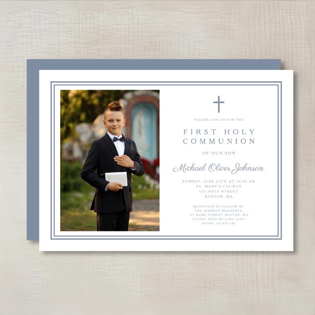 Modern Dusty Blue Kor Boy Photo First Communion Inbjudningar (Modern Dusty Blue Cross Boy Photo First Communion Invitation)
