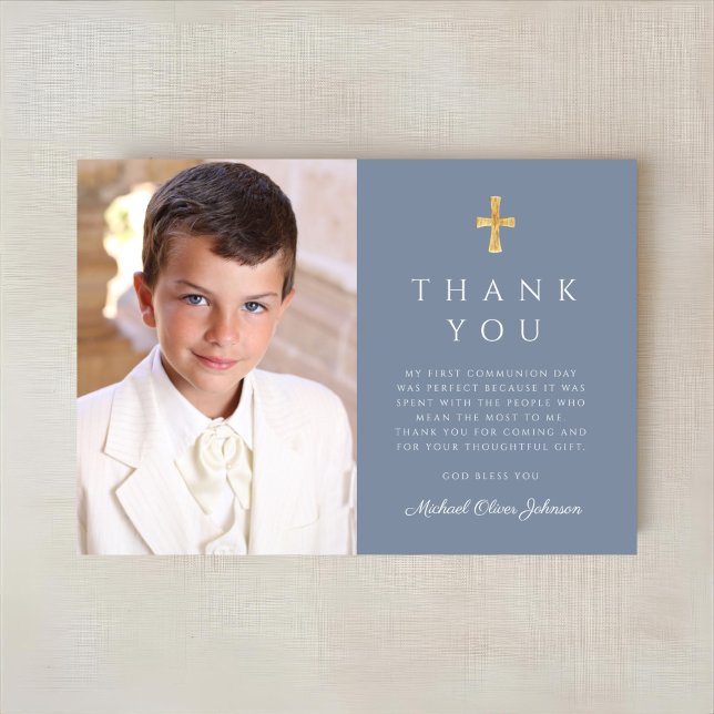 Modern Dusty Blue Kor Boy Photo First Communion Tack Kort (Modern Dusty Blue Cross Boy Photo First Communion Thank You Card)