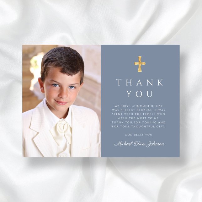 Modern Dusty Blue Kor Boy Photo First Communion Tack Kort (Modern Dusty Blue Cross Boy Photo First Communion Thank You Card)