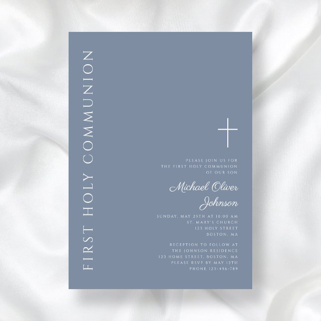 Modern Dusty Blue Kor First Heliga Communion Inbjudningar (Modern Dusty Blue Cross First Holy Communion Invitation)