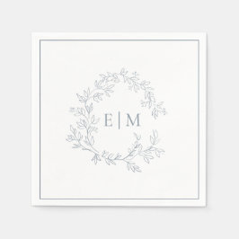 Modern Dusty Blue Leafy Vapensköld Monogram Bröllo Pappersservett
