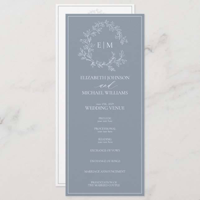 Modern Dusty Blue Leafy Vapensköld Monogram Bröllo Program (Fram/baksida)