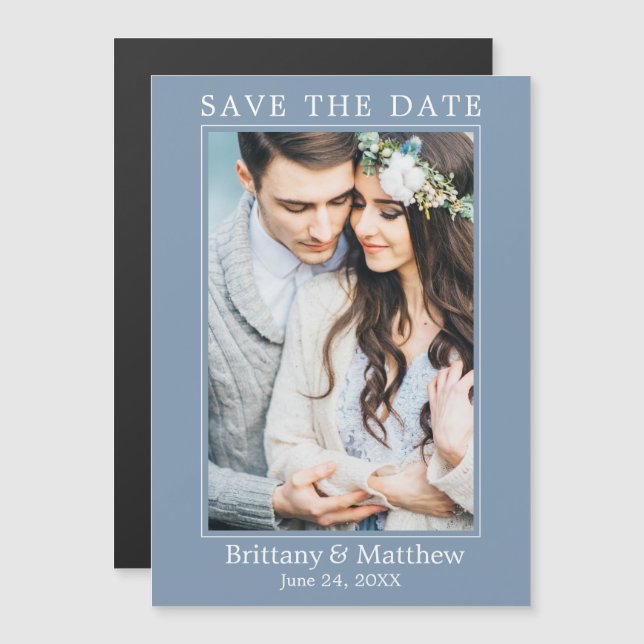 Modern Dusty Blue Magnetic Save Date (Fram/baksida)