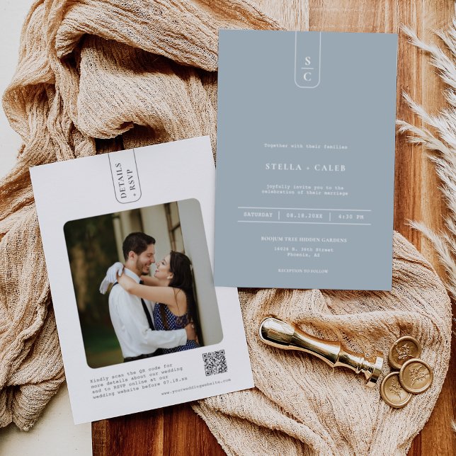 Modern Dusty Blue Minimal Geometric Arch QR-kod Inbjudningar (Skapare uppladdad)