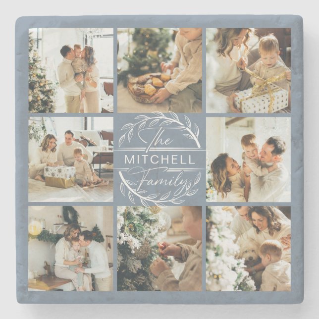 Modern Dusty Blue Monogram - första familjefoto Stenunderlägg (Framsidan)