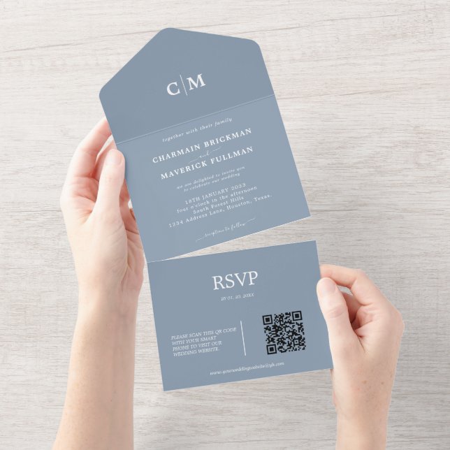 Modern Dusty Blue Monogram QR-kod OSA Bröllop (Avrivbar del)