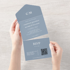Modern Dusty Blue Monogram QR-kod OSA Bröllop