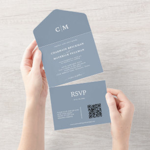 Modern Dusty Blue Monogram QR-kod OSA Bröllop