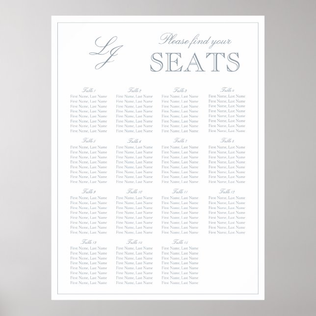 Modern Dusty Blue Monogram Script Bröllop-sätet Poster (Framsidan)