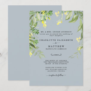 Modern Dusty Blue och Gult Blommigt Bröllop Invita Inbjudningar
