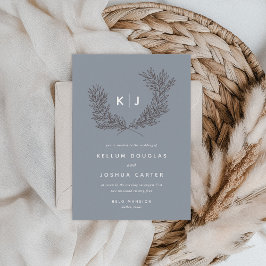 Modern Dusty Blue och White Monogram Bröllop Inbjudningar