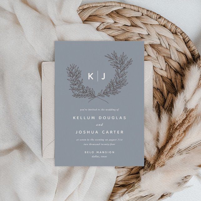Modern Dusty Blue och White Monogram Bröllop Inbjudningar (Modern Dusty Blue and White Monogram Wedding Invitation)