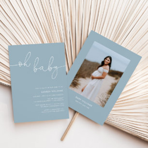 Modern Dusty Blue Photo Baby Shower Inbjudningar