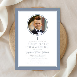 Modern Dusty Blue Photo Boy First Communion Inbjudningar