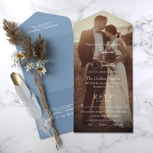 Modern Dusty Blue Photo Bröllop OSA (Simplify your wedding with our all-in-one invitation – convenience and beauty in a single card.)
