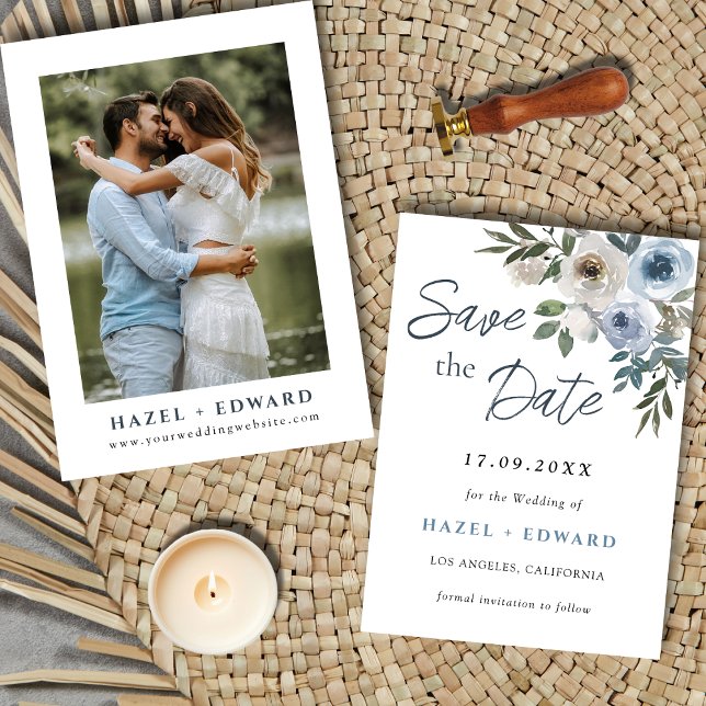 Modern Dusty Blue Photo Bröllop spara datum Card Spara Datumet (Modern Dusty Blue Photo Wedding Save The Date Card)