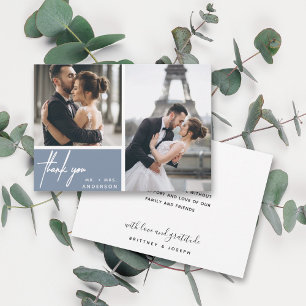Modern Dusty Blue Photo Collage Bröllop Tack