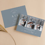 Modern Dusty Blue Photo Collage Monogram Bröllop Spara Datumet<br><div class="desc">Modern Dusty Blue Photo Collage Monogram Bröllop spara datum. Med 3 bilder framtill och enkelt monogram baktill. Anpassa enkelt genom att ersätta varje info. Ladda upp foton från lodrät/porträtt. Kontrollera förhandsgranskningen innan du lägger till i kundvagn. (Exempel på foton från Michail Nilov)</div>