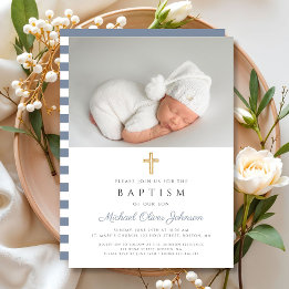 Modern Dusty Blue Rand Kor Photo Boy Baptism Inbjudningar