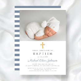 Modern Dusty Blue Rand Kor Photo Boy Baptism Inbjudningar