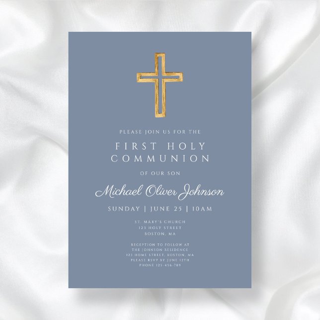 Modern Dusty Blue Religiösa Boy First Communion Inbjudningar (Modern Dusty Blue Religious Boy First Communion Invitation)